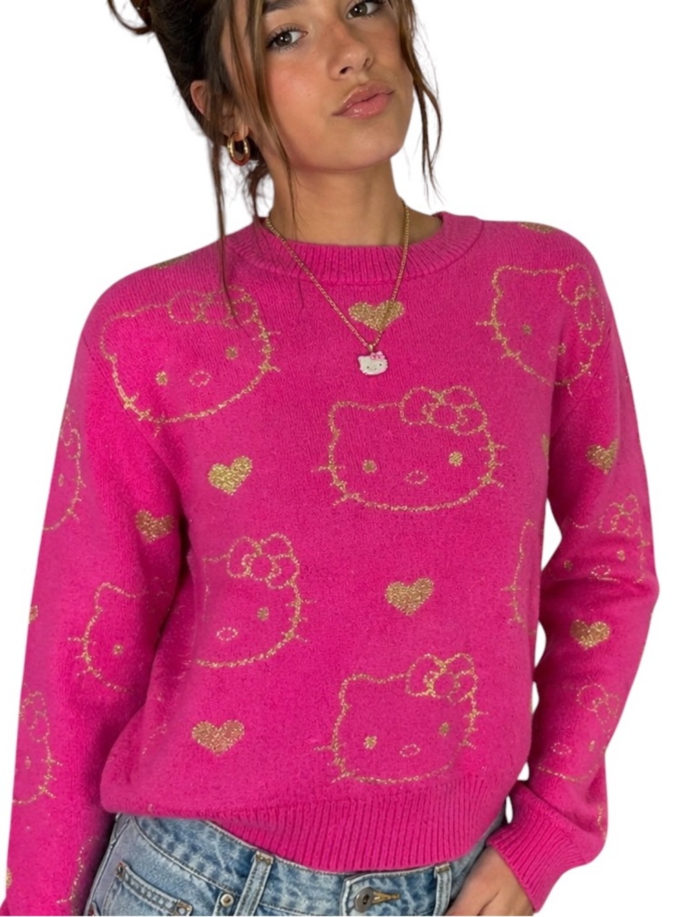 Hello Kitty Pink Sweater Girls XL
14/16 Gold Metallic Hearts Sanrio Cozy Knit